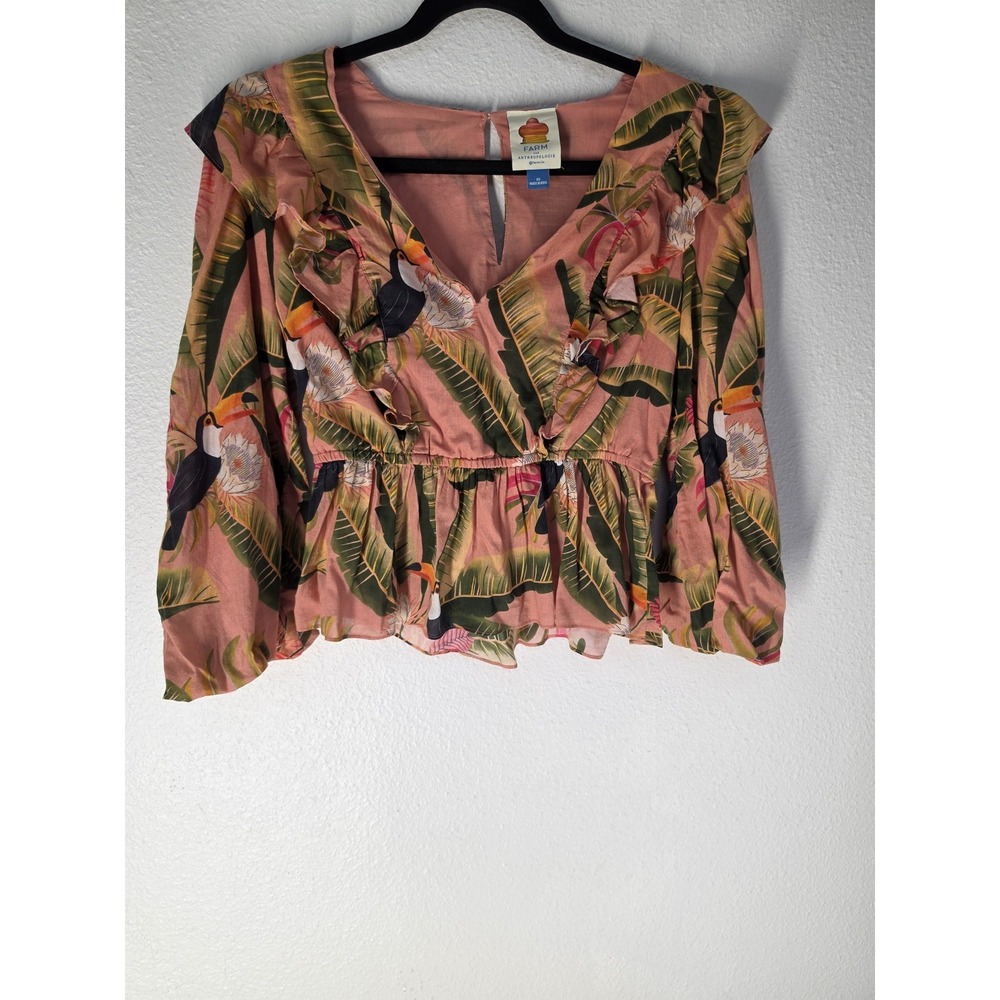 FARM Anthropologie Blouse XS Pink Tropical Cotton Collared Resort Top Toucan